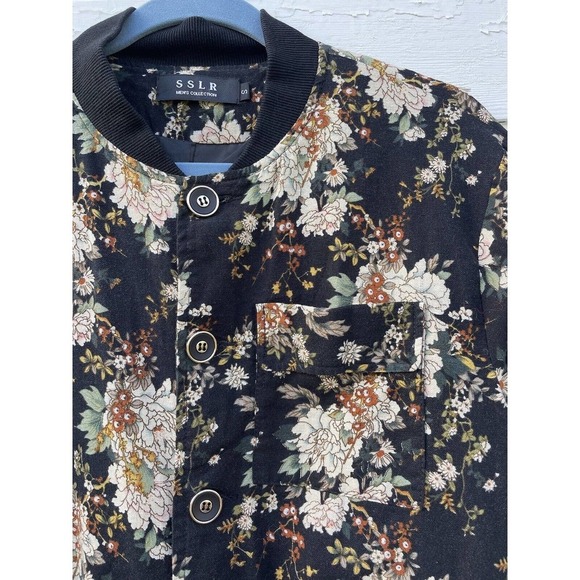 VTG SSLR Jacket Men's S Floral Fully Lined Metro 90's Cotton Flax Linen Black - Picture 3 of 10